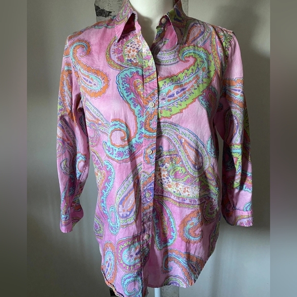 Lauren Ralph Women Button Up Long Sleeve Priya Pink Paisley - Picture 3 of 5